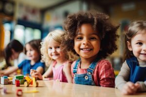 Enfants souriants en crèche pour le calcul du crédit d'impôt garde d'enfants 2026