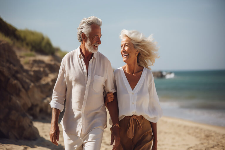 Couple de seniors souriants marchant sur une plage, symbolisant la liberté retrouvée grâce à la suspension de la réforme 2026.