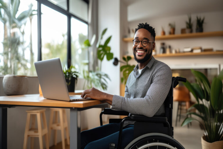 Homme souriant en fauteuil roulant devant son ordinateur pour simuler son calcul reste à vivre CAF 2026.