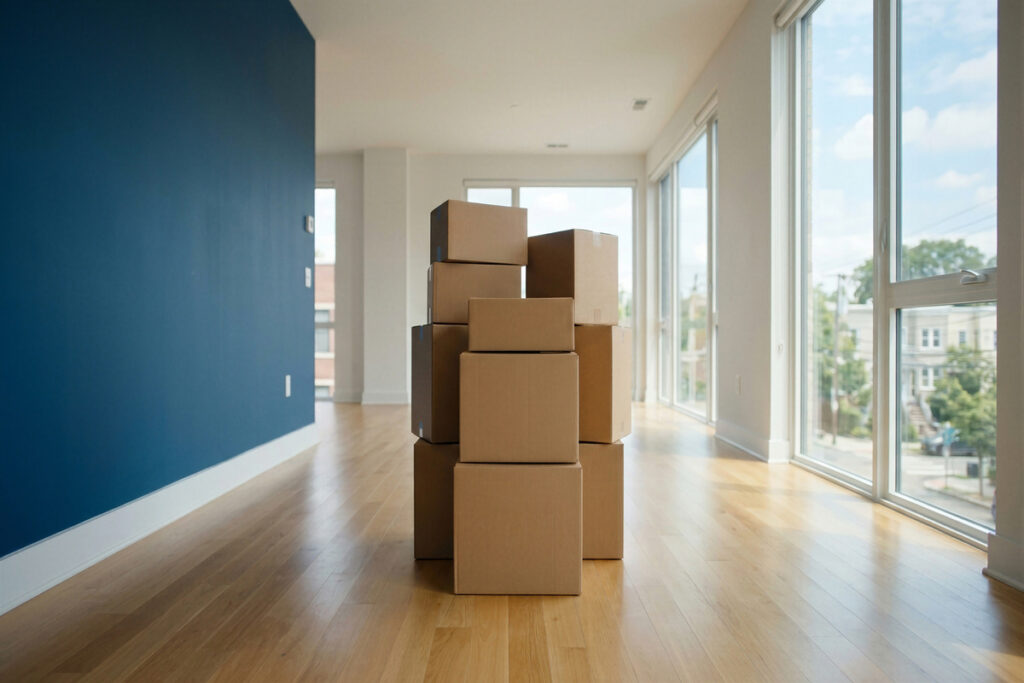 Intérieur d'un logement social vide avec des cartons de déménagement empilés au centre.