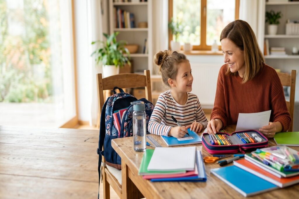 Une mère aide sa fille à préparer ses devoirs pour la rentrée grâce à l'allocation de rentrée scolaire