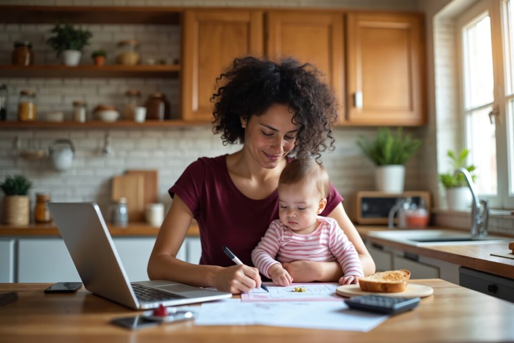 Maman consultant ses droits et les plafonds de la PAJE 2026 sur son ordinateur.