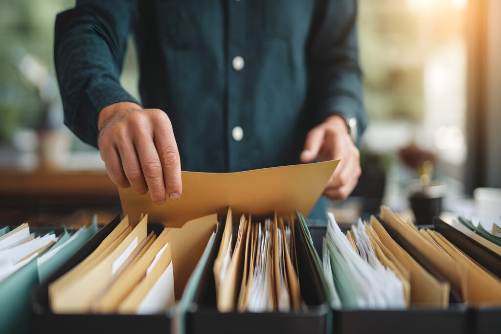 Un agent administratif consultant des dossiers papier pour vérifier l'exactitude des déclarations et éviter une amende administrative CAF.