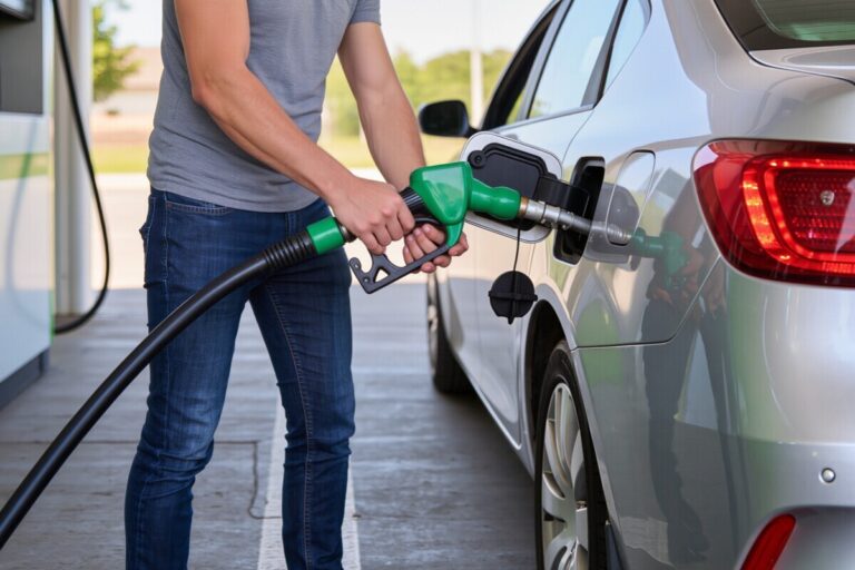 Un automobiliste éligible à l'aide carburant 2026 fait le plein de sa voiture dans une station-service.