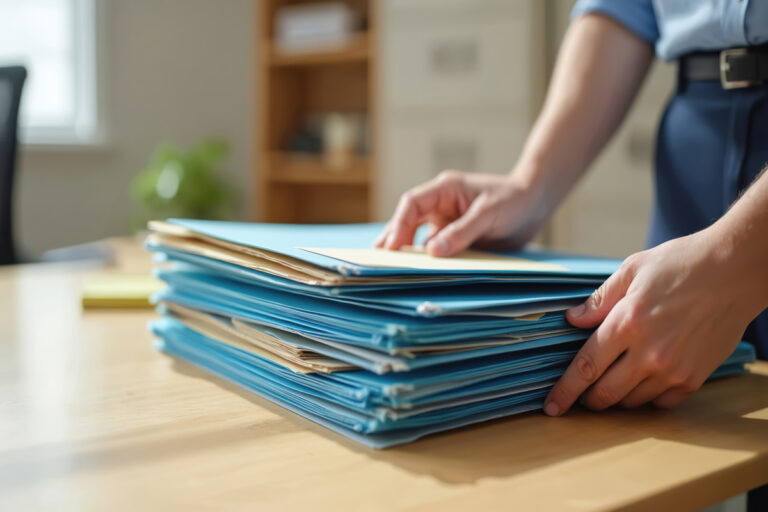 Mains organisant des dossiers bleus pour prouver sa bonne foi lors d'un contrôle de la CAF.