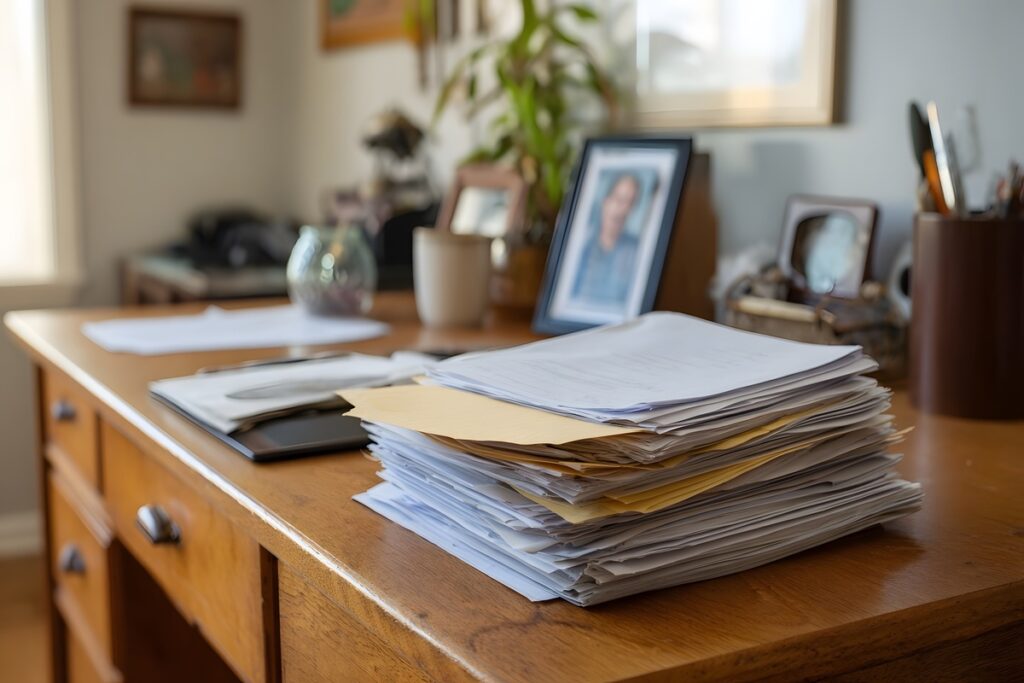 Pile de documents administratifs et factures sur un bureau pour un contrôle CAF à domicile.