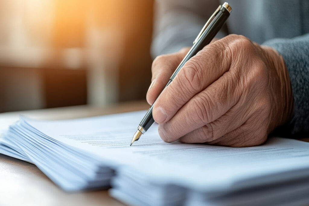 Gros plan main senior stylo plume signature documents officiels preuve recours CAF médiateur