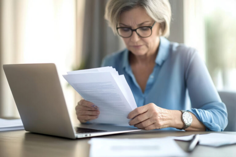 Une allocataire examine ses documents pour préparer un recours CAF officiel devant son ordinateur.