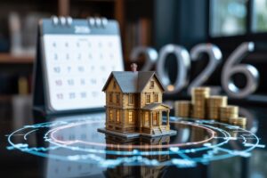 Maquette de maison entourée d'un calendrier 2026 et de symboles numériques illustrant la procédure DALO.