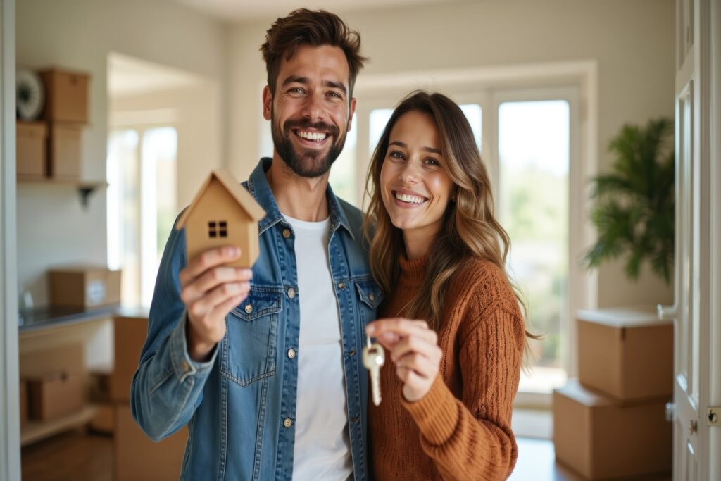 Couple souriant tenant les clés de leur nouveau logement après une commission d'attribution.
