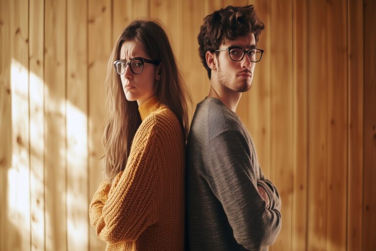 Couple dos à dos symbolisant une séparation CAF et le début des démarches administratives.