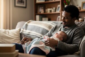 Un père au foyer souriant sur son canapé tenant son bébé, illustrant la validation des trimestres AVPF pendant l'éducation des enfants.