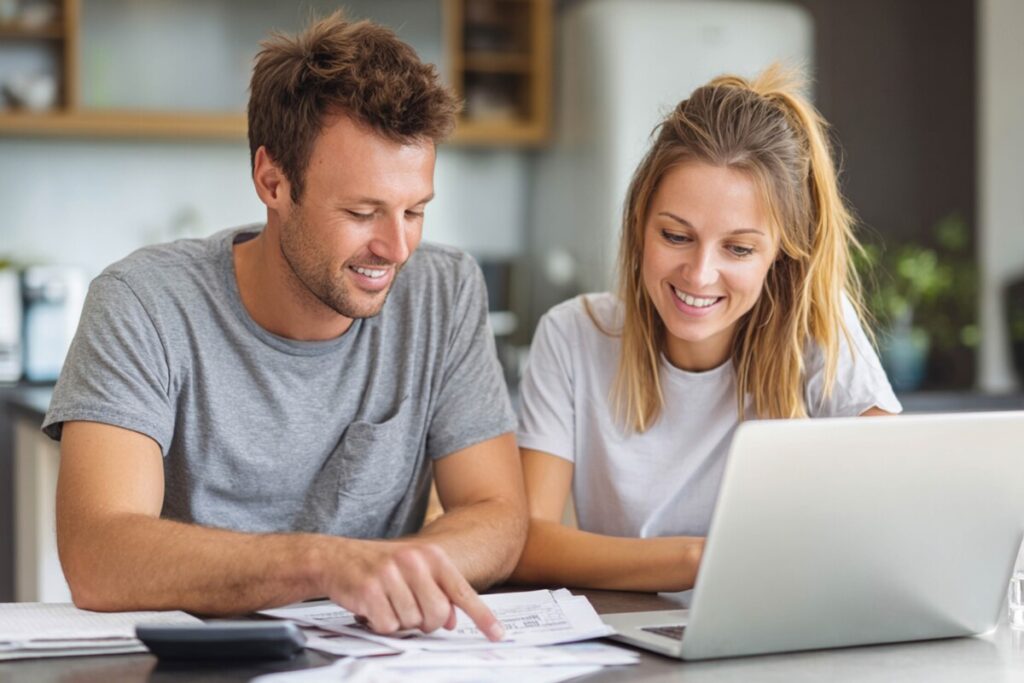 Un couple souriant devant un ordinateur portable vérifiant les documents administratifs pour régulariser des trimestres AVPF manquants.