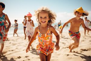Enfants joyeux courant sur la plage profitant des vacances grâce à l'Aide aux temps libres