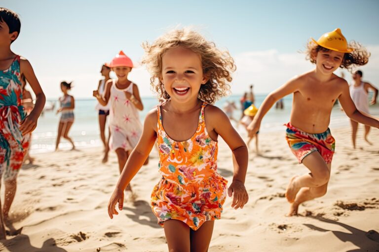 Enfants joyeux courant sur la plage profitant des vacances grâce à l'Aide aux temps libres