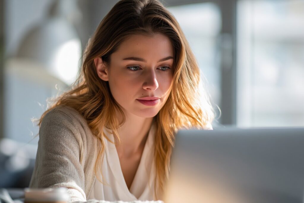 Femme utilisant son ordinateur pour effectuer ses démarches liées à l'ASF 2026