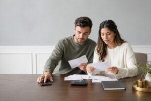 Un couple concentré analyse ses factures et ses courriers après une baisse APL.