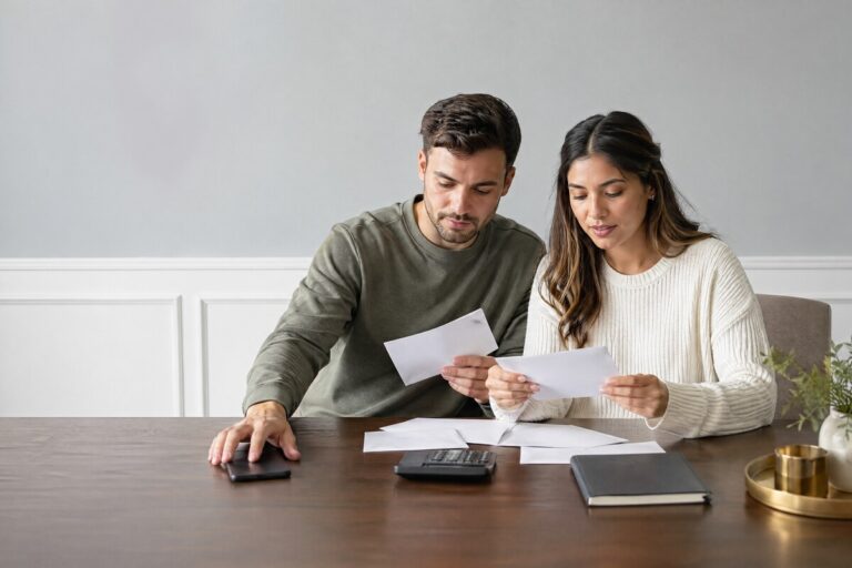 Un couple concentré analyse ses factures et ses courriers après une baisse APL.