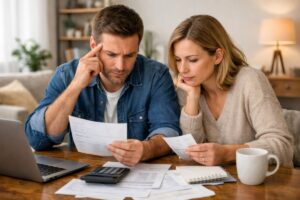 Couple inquiet devant des documents administratifs suite à un retard de paiement CAF