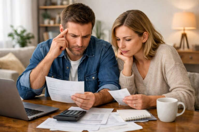 Couple inquiet devant des documents administratifs suite à un retard de paiement CAF