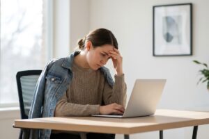 Une allocataire stressée devant son ordinateur portable face à son dossier CAF bloqué en cours de traitement.
