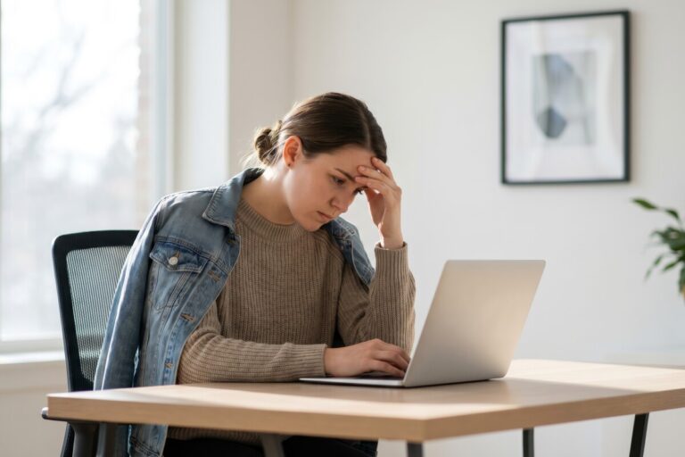 Une allocataire stressée devant son ordinateur portable face à son dossier CAF bloqué en cours de traitement.