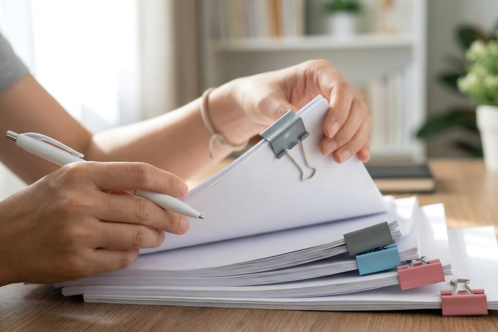 Personne organisant des documents administratifs pour l'attribution de l'Aide aux temps libres
