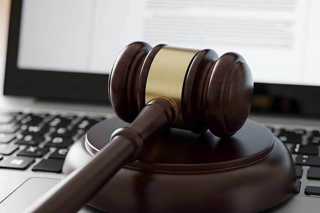 Marteau de justice posé sur un clavier d'ordinateur pour lancer un recours après un dossier CAF bloqué.