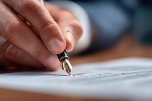 Gros plan sur une main signant un document pour une demande de remise de dette CAF.