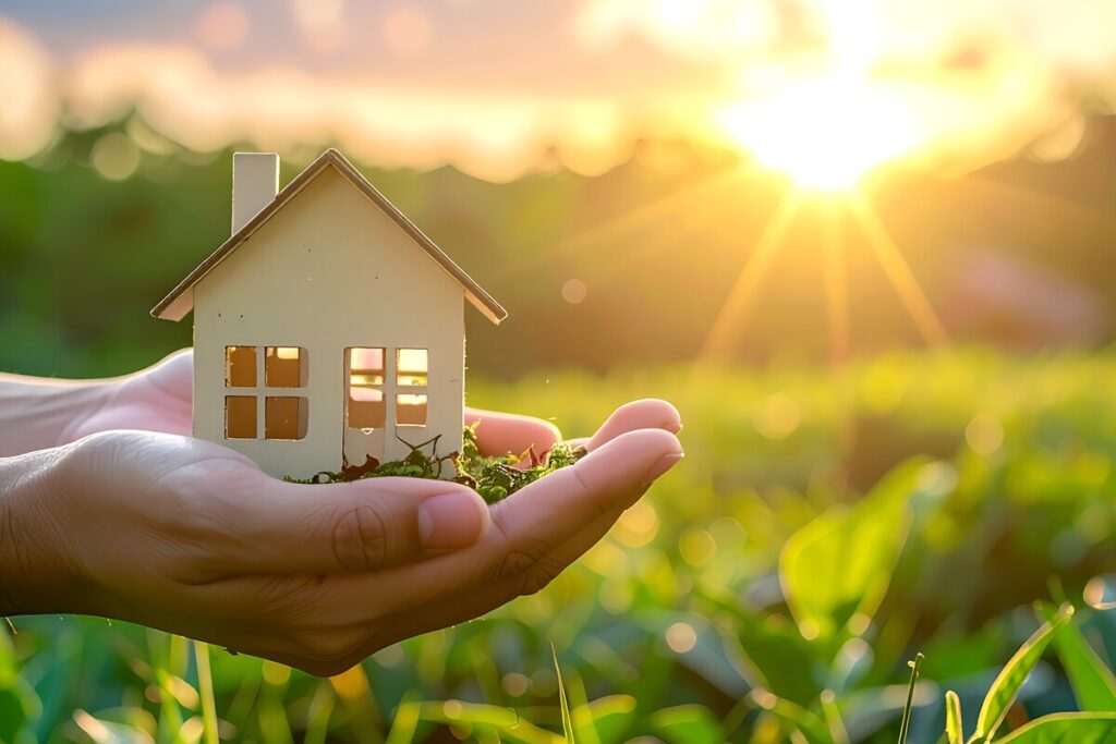 Mains protégeant une petite maison, illustrant la demande d'aides au logement.