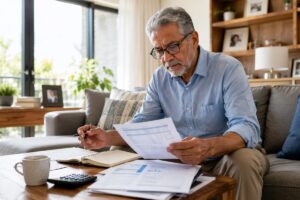 Homme analysant des documents financiers pour calculer sa surcote retraite.