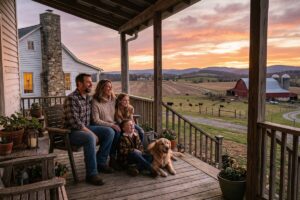 Une famille avec enfants et un chien réunie sur la terrasse d'une maison en bois face à un paysage de campagne au coucher du soleil, illustrant les aides CAF en zone rurale.