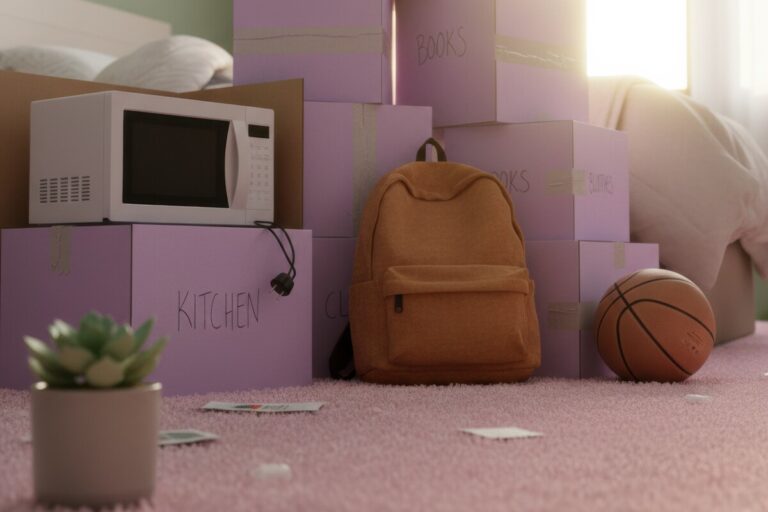 Cartons de déménagement, sac à dos et équipements pour un logement étudiant