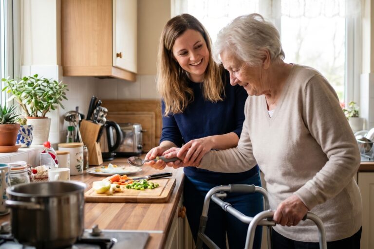 Une aide à domicile accompagnant une personne âgée dans sa cuisine