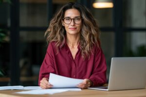 Femme concentrée vérifiant son Montant Net Social sur des documents administratifs pour sa déclaration CAF