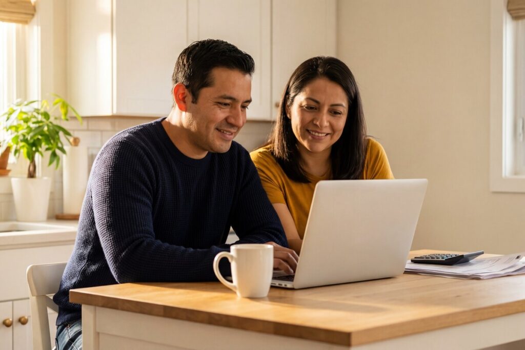 couple vérifiant leur éligibilité à la prime de Noël 2026 sur internet