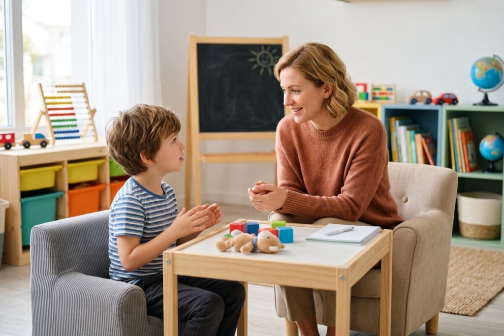 Assistante maternelle en discussion bienveillante avec un jeune enfant dans un espace de jeux aménagé