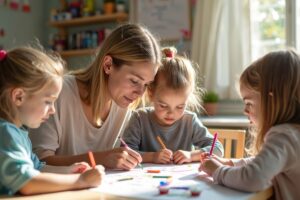 Assistante maternelle souriante dessinant avec des enfants autour d'une table dans une pièce lumineuse