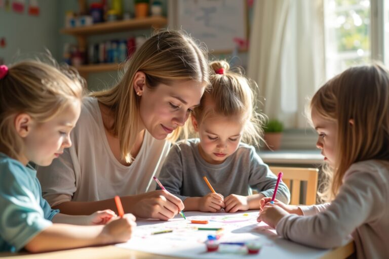 Assistante maternelle souriante dessinant avec des enfants autour d'une table dans une pièce lumineuse