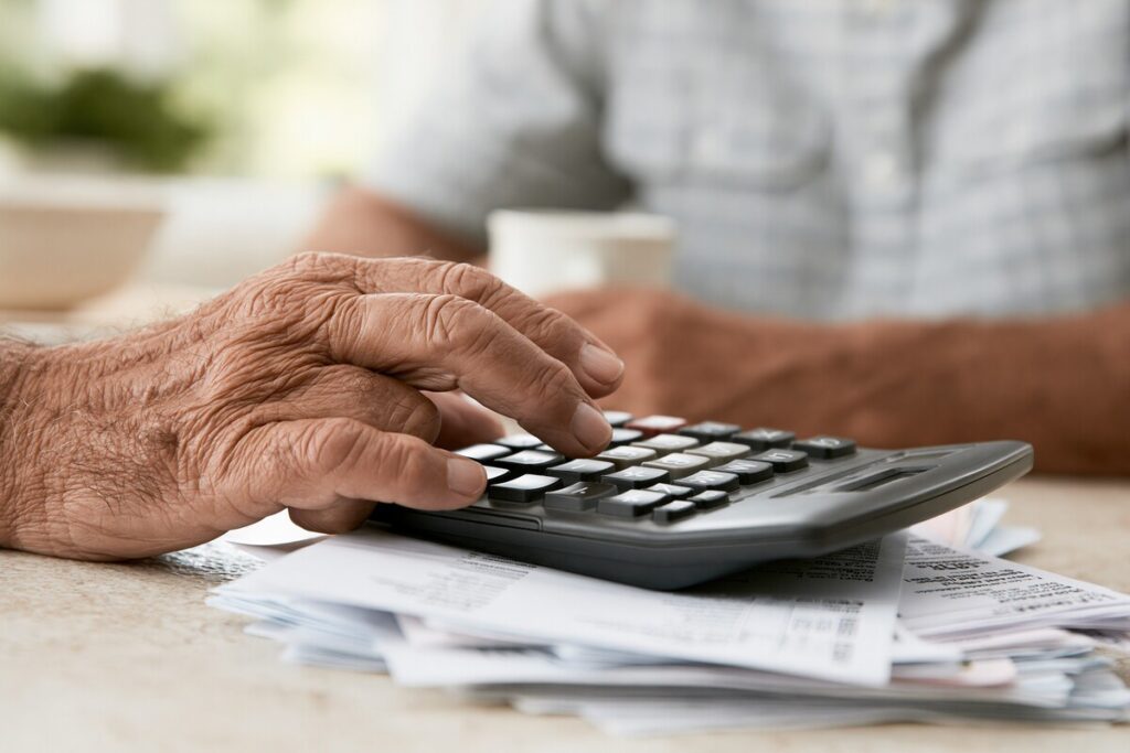 Main utilisant une calculatrice sur des justificatifs financiers pour optimiser sa retraite et aides