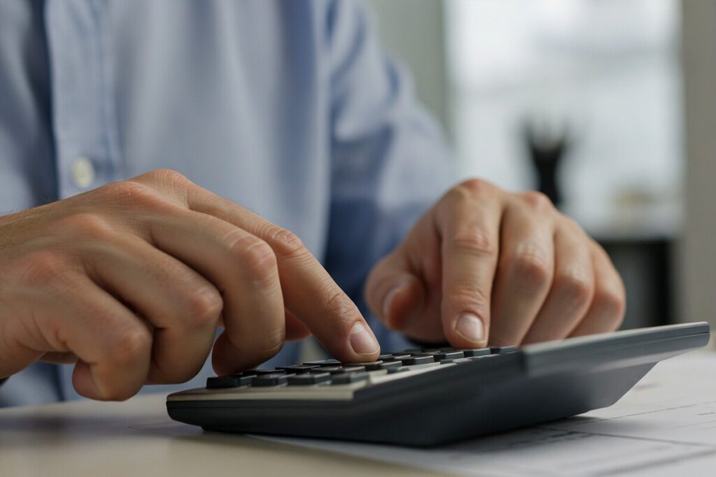 Mains d'un travailleur calculant ses revenus et son éligibilité au cumul de la prime d'activité