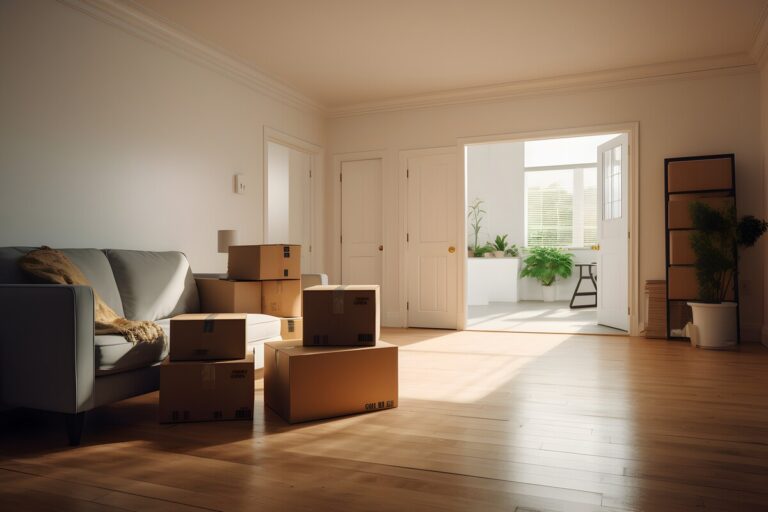 Salon vide avec cartons de déménagement pour préparer un changement d'adresse à la CAF