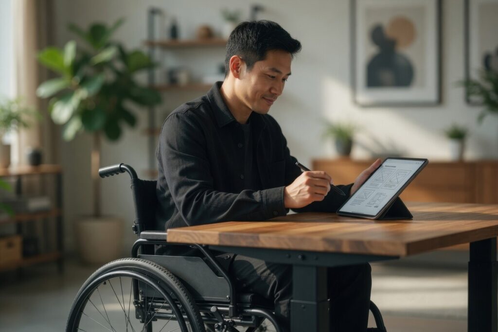 Un homme en situation de handicap utilise une tablette graphique dans un espace de travail lumineux, bénéficiant des droits liés à la prime d'activité du travailleur handicapé.