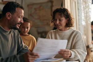 Couple consultant des documents administratifs pour leur déclaration de changement de situation familiale à la CAF.