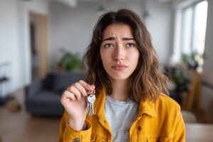 Jeune femme tenant des clés, symbolisant l'angoisse des impayés de loyer et du risque d'expulsion