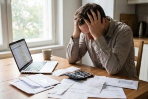 Homme stressé face à ses factures et son ordinateur, illustrant le surendettement et la gestion des minima sociaux