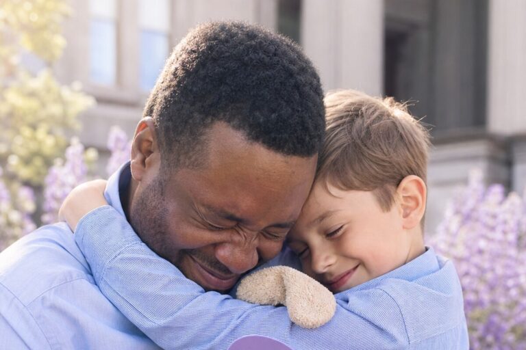 Un tiers digne de confiance enlacé chaleureusement avec l'enfant mineur qu'il accueille au foyer.