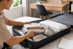 Jeune homme faisant sa valise pour illustrer la déclaration départ enfant CAF lors d'un départ du foyer.